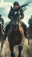 Riders on horseback participate in a thrilling endurance training in a lush field under the cloudy sky photo