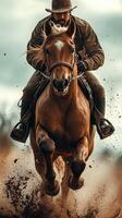 Rider in action on a galloping horse during an outdoor event in the countryside photo