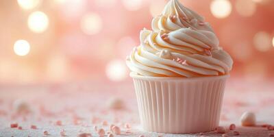 Delicious swirl of creamy frosting on a cupcake adorned with pastel sprinkles in a softly lit setting photo