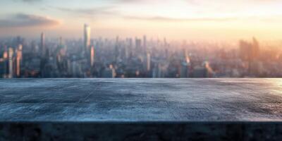 City skyline at sunset viewed from a rooftop with a concrete ledge showcasing a stunning urban panorama photo