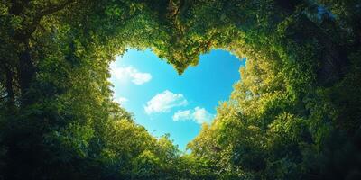 Heart-shaped canopy of leaves frames a bright blue sky over a lush forest in midday light photo