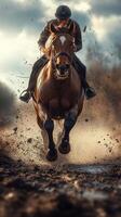 Horse galloping through muddy terrain at dusk with rider showcasing skill and speed photo