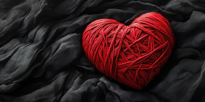 Red yarn heart rests on black fabric background with gentle texture and contrast, symbolizing love and creativity photo