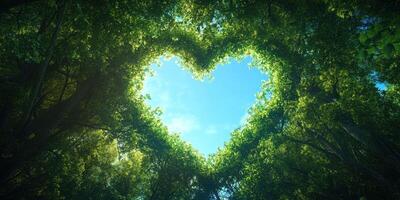 Heart-shaped canopy formed by lush green trees framing a clear blue sky during the day photo