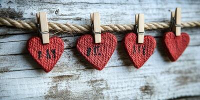 Red fabric hearts with messages hanging on a rustic wooden background in a cozy setting photo