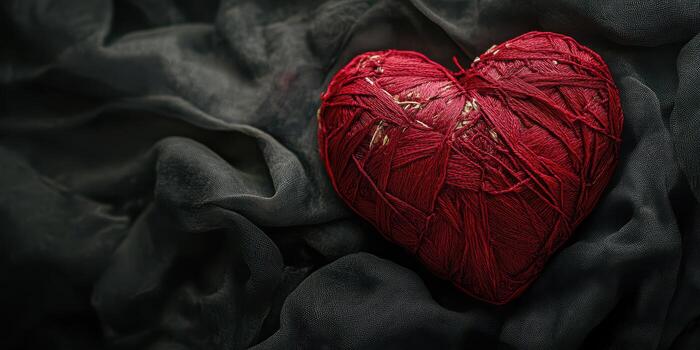 corazón hecho de rojo hilo descansando en negro tela evoca profundo emociones de amor y conexión foto