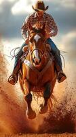 Rider skillfully maneuvers horse through dust at a ranch during late afternoon photo