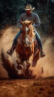 Horse rider competes in a thrilling dirt track race during golden hour at a ranch photo