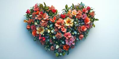 Floral heart arrangement showcasing vibrant flowers and lush greenery in a decorative display for an emotional occasion photo