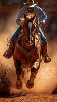 Exciting rodeo action as a cowboy rides a galloping horse through dust in an outdoor arena during a summer event photo