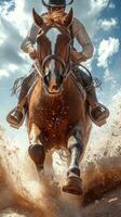 Dynamic horse rider galloping through sandy terrain under a bright blue sky in the afternoon light photo