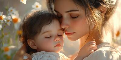 Mother gently embraces her sleeping child in a serene floral setting during golden hour photo