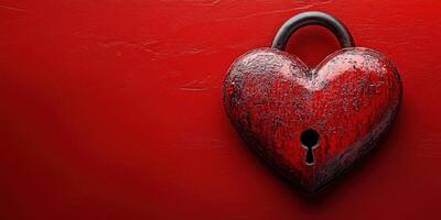 Heart-shaped lock resting on a red surface symbolizes love and security in an artistic composition photo