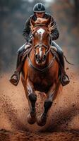 Equestrian athlete riding a galloping horse through a dirt track in autumnal landscape photo
