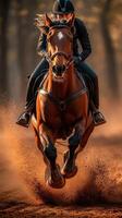 Equestrian rider demonstrates skill while galloping a chestnut horse through a sandy track at sunset photo