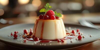 Delicious dessert with fresh raspberries and sauce served on an elegant plate in a dimly lit dining setting photo
