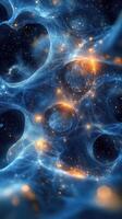 Exploring the intricate patterns of cosmic structures illuminated by bright celestial orbs in a vibrant blue universe photo