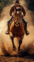 Rider charges through dusty terrain on a spirited horse during golden hour photo