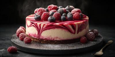 Delicious cheesecake topped with fresh berries on a dark surface in a stylish kitchen setting photo