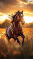 Majestic horse gallops through golden fields at sunset bringing a sense of freedom and grace photo