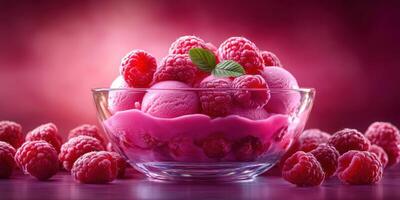 Delicious raspberry sorbet served in a glass bowl surrounded by fresh raspberries on a vibrant background photo