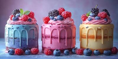 Colorful layered cakes decorated with fresh berries against a soft gradient background in a bakery setting photo