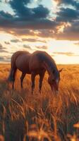 Horses grazing in a golden field during sunset with dramatic clouds overhead photo