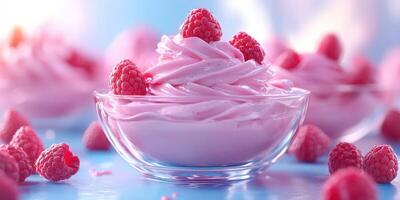 Delicious raspberry dessert served in a clear bowl with fresh berries, perfect for a summer treat or special occasion photo