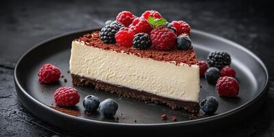 Delicious dessert featuring rich cheesecake topped with fresh berries on a black plate photo