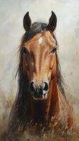 Majestic brown horse standing calmly in a field at dawn, displaying tranquility and beauty of nature photo