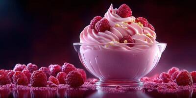 Delicious raspberry swirl dessert in a glass bowl garnished with fresh berries and vibrant toppings photo