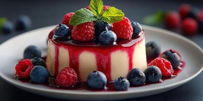 Delicious dessert featuring fresh berries and glossy sauce on a plate photo