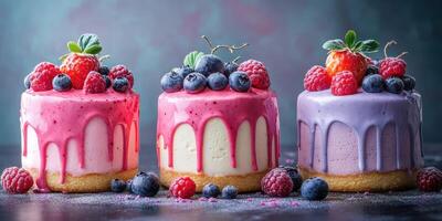 Colorful mini cakes adorned with fresh berries displayed on a dark surface in a creative dessert arrangement photo