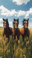 Majestic horses standing in golden grass under a bright blue sky with fluffy clouds photo
