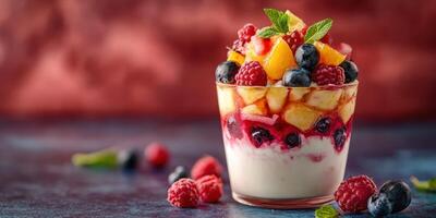 Fresh fruit dessert served in a glass with berries and mint on a textured blue surface photo
