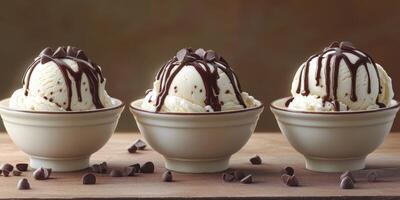 Three bowls of vanilla ice cream topped with chocolate syrup and chocolate chips on a wooden table photo