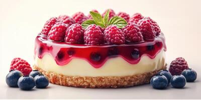 Delicious raspberry and blueberry dessert with a glossy glaze and creamy filling displayed on a light background photo