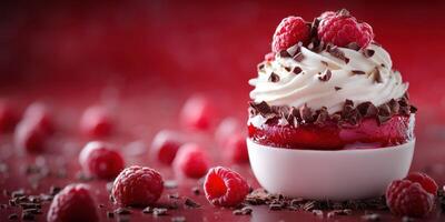 Rich raspberry dessert with whipped cream and chocolate on a red backdrop photo
