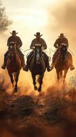 Cowboys riding horses at sunset in a dusty landscape during a cattle drive photo