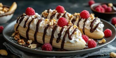 Delicious dessert featuring bananas topped with cream, raspberries, chocolate, and nuts on a dark table photo