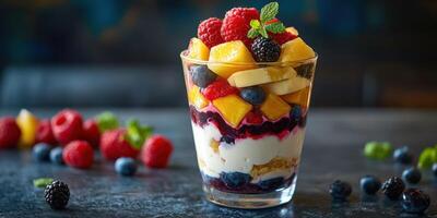 Delicious fruit parfait with layers of yogurt, granola, and assorted berries presented beautifully photo