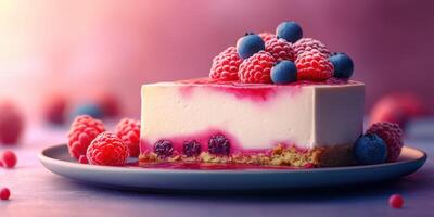 Delicious cheesecake topped with fresh raspberries and blueberries displayed on a soft pastel background photo