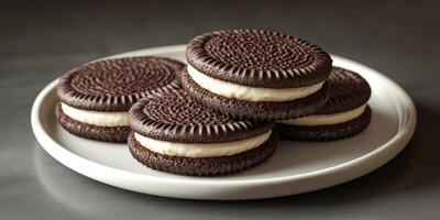 Delicious cream-filled chocolate cookies stacked on a plate, perfect for dessert or snack time enjoyment photo