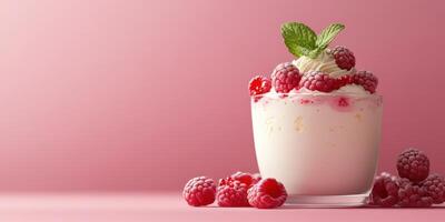 Creamy dessert topped with fresh raspberries and mint on a pink background photo