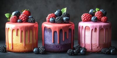 Colorful berry cakes with vibrant frosting on display at a dessert shop during a sunny afternoon photo