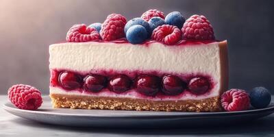 Delightful dessert featuring layers of cheesecake topped with fresh berries and cherry compote on a rustic plate in a soft light photo