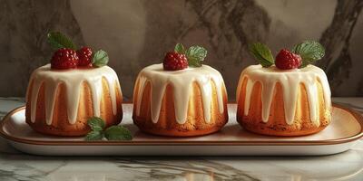 Delicious mini bundt cakes decorated with creamy icing and fresh raspberries on a marble countertop photo