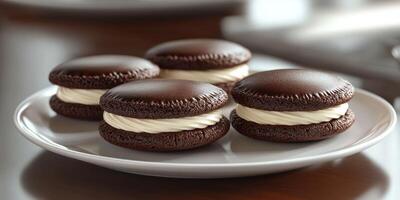 Decadent chocolate cream cookies arranged neatly on a white plate ready to be enjoyed for dessert photo