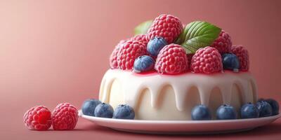 Delicious raspberry and blueberry dessert with cream on a pastel background ready for a celebration photo