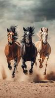 Majestic horses galloping through a dust cloud on a sunny day in an open field photo